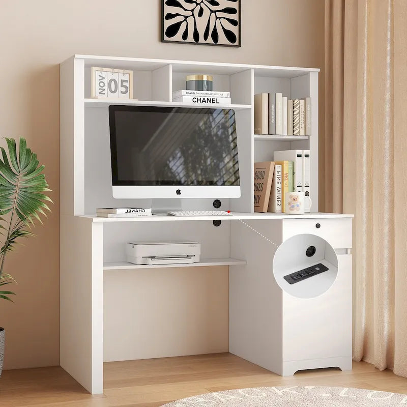 Computer Desk with Bookshelf, Drawers, 3 AC Outlets and 2 USB Ports