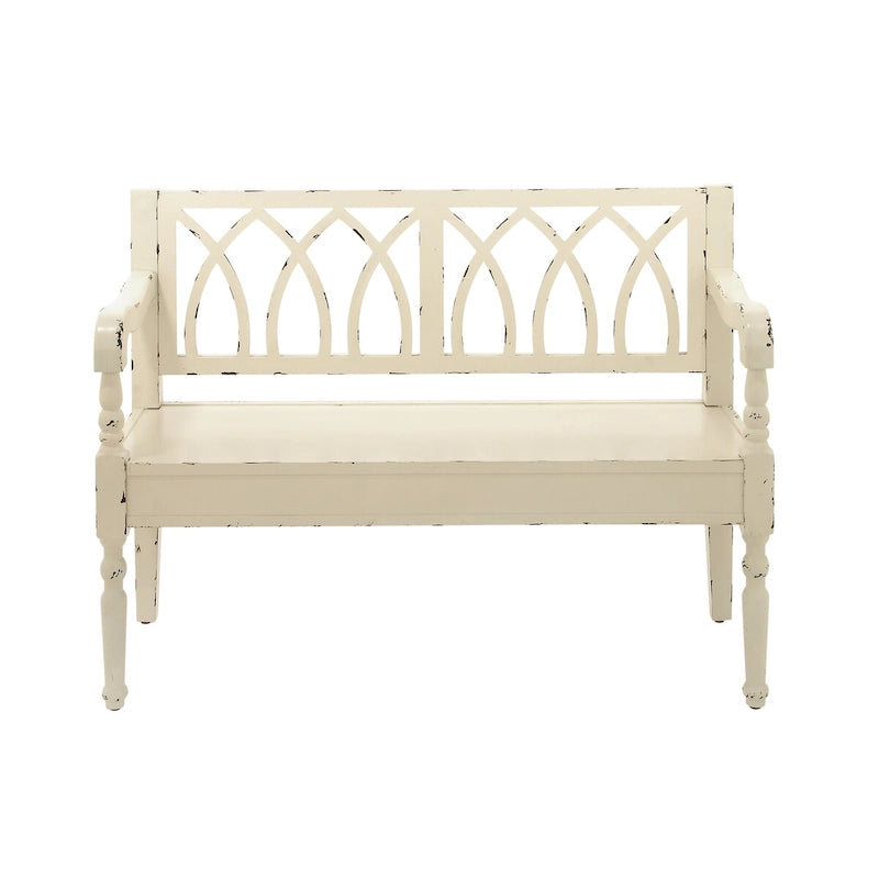 Wood Distressed Bench with Arched Back and Turned Legs, Black or White