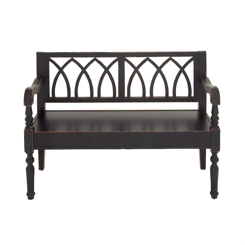 Wood Distressed Bench with Arched Back and Turned Legs, Black or White