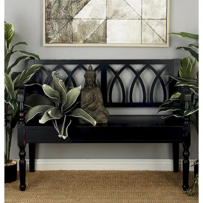 Wood Distressed Bench with Arched Back and Turned Legs, Black or White