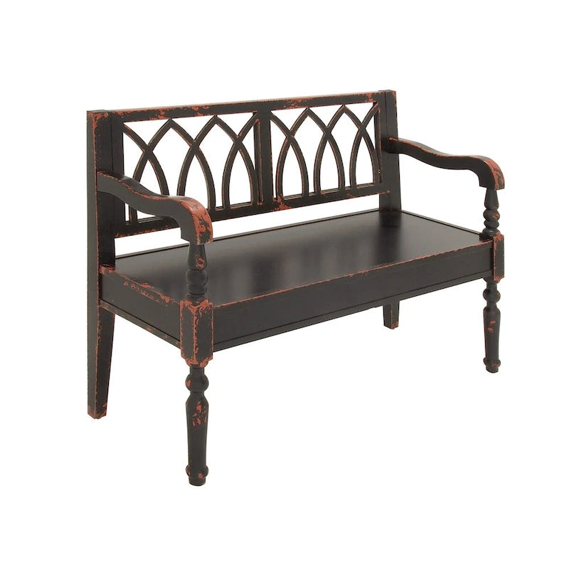 Wood Distressed Bench with Arched Back and Turned Legs, Black or White