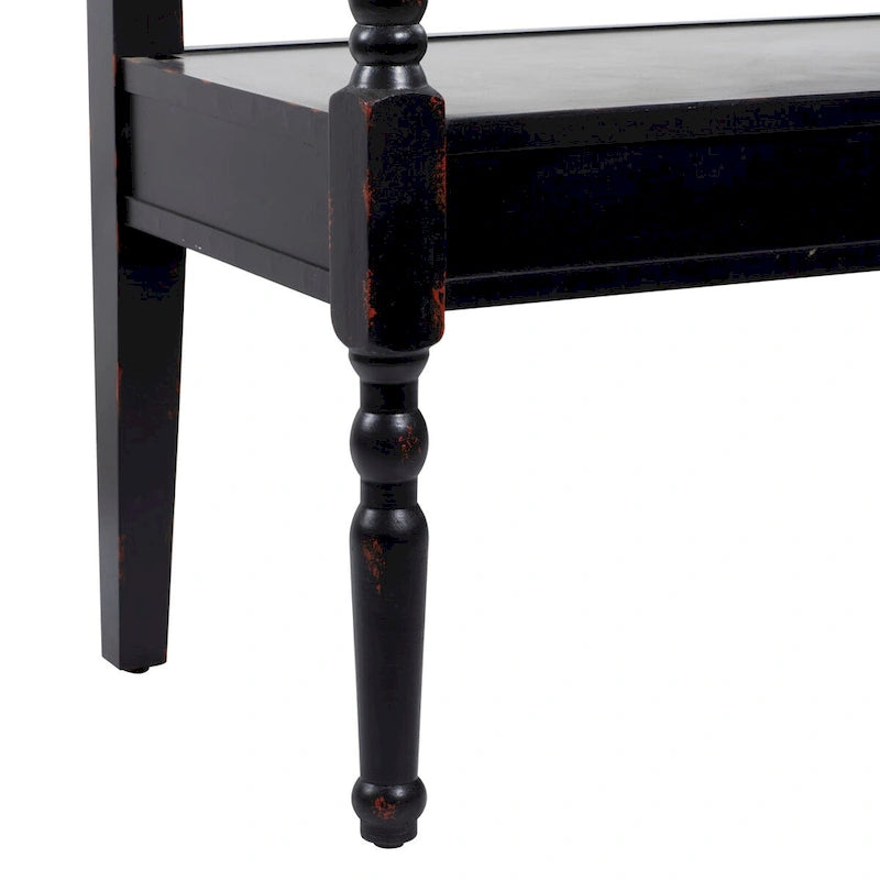 Wood Distressed Bench with Arched Back and Turned Legs, Black or White