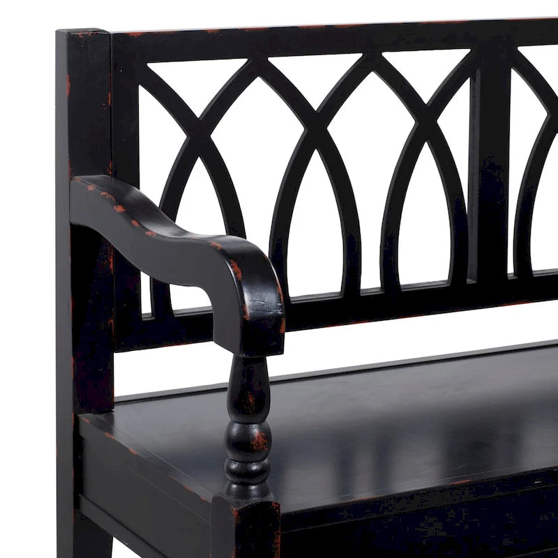 Wood Distressed Bench with Arched Back and Turned Legs, Black or White