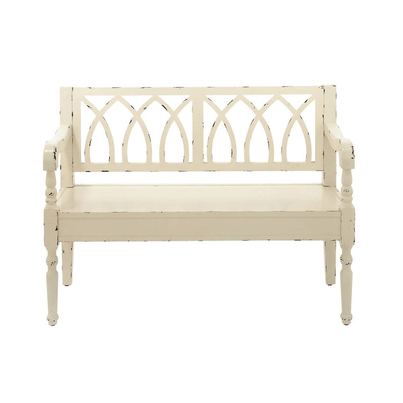 Wood Distressed Bench with Arched Back and Turned Legs, Black or White