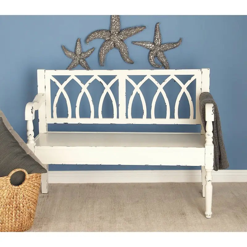Wood Distressed Bench with Arched Back and Turned Legs, Black or White