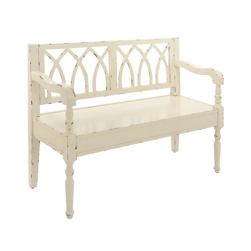 Wood Distressed Bench with Arched Back and Turned Legs, Black or White