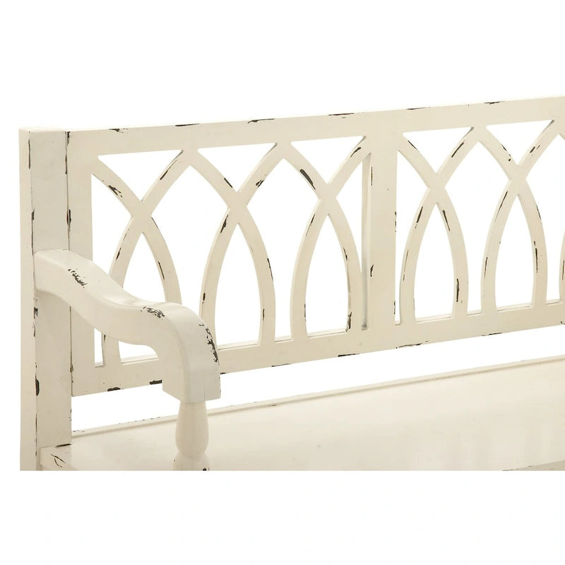 Wood Distressed Bench with Arched Back and Turned Legs, Black or White