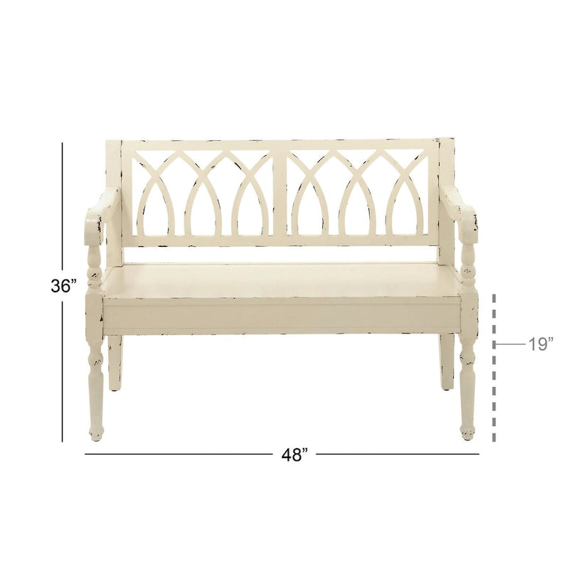 Wood Distressed Bench with Arched Back and Turned Legs, Black or White