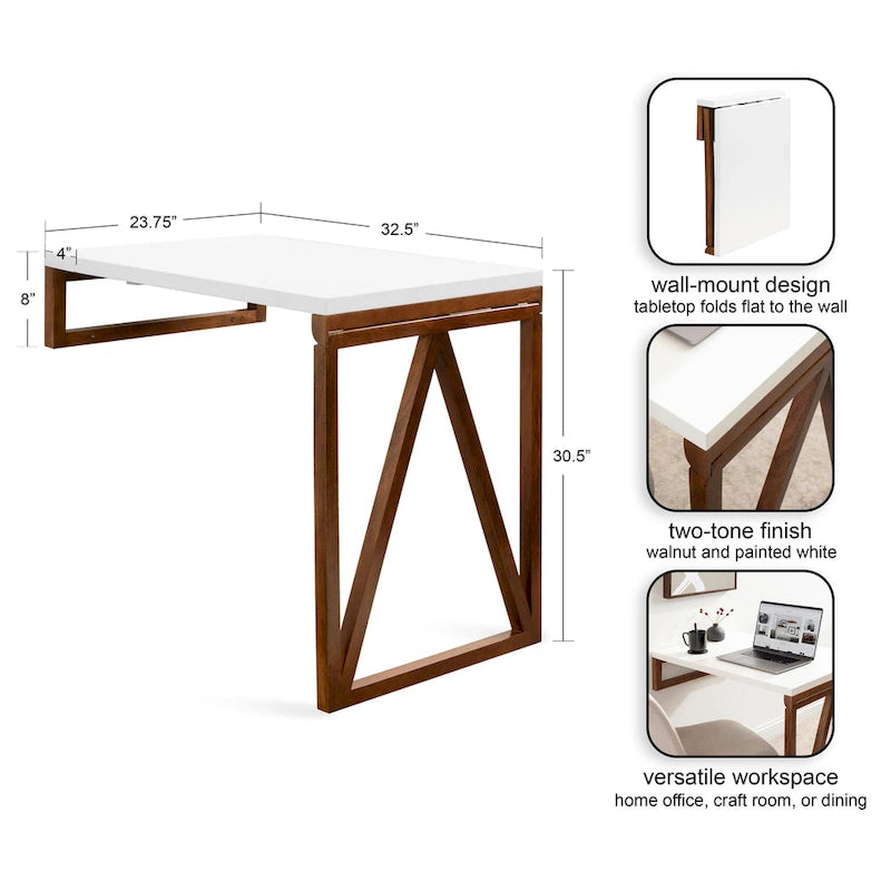 Wall-Mounted Folding Wood Table – White and Walnut, 24x33x31 in.
