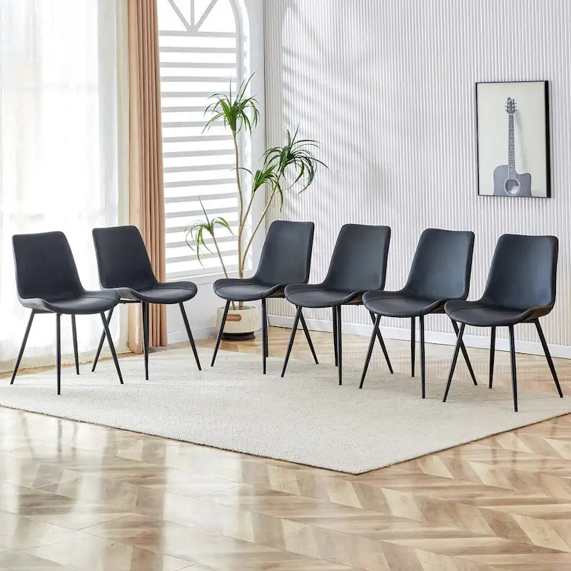 Faux Leather Dining Chair with Curved Cushion and Black Metal Legs, Set of 6