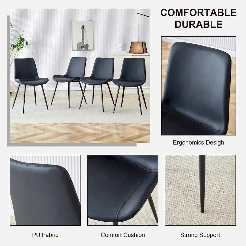 Faux Leather Dining Chair with Curved Cushion and Black Metal Legs, Set of 6