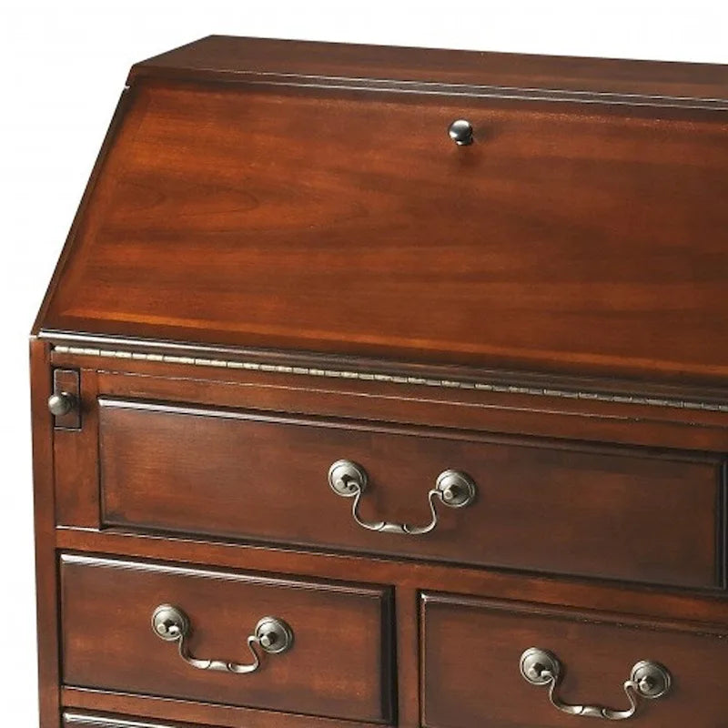 26 Brown Rubberwood Wood Secretary Desk With Five Drawers