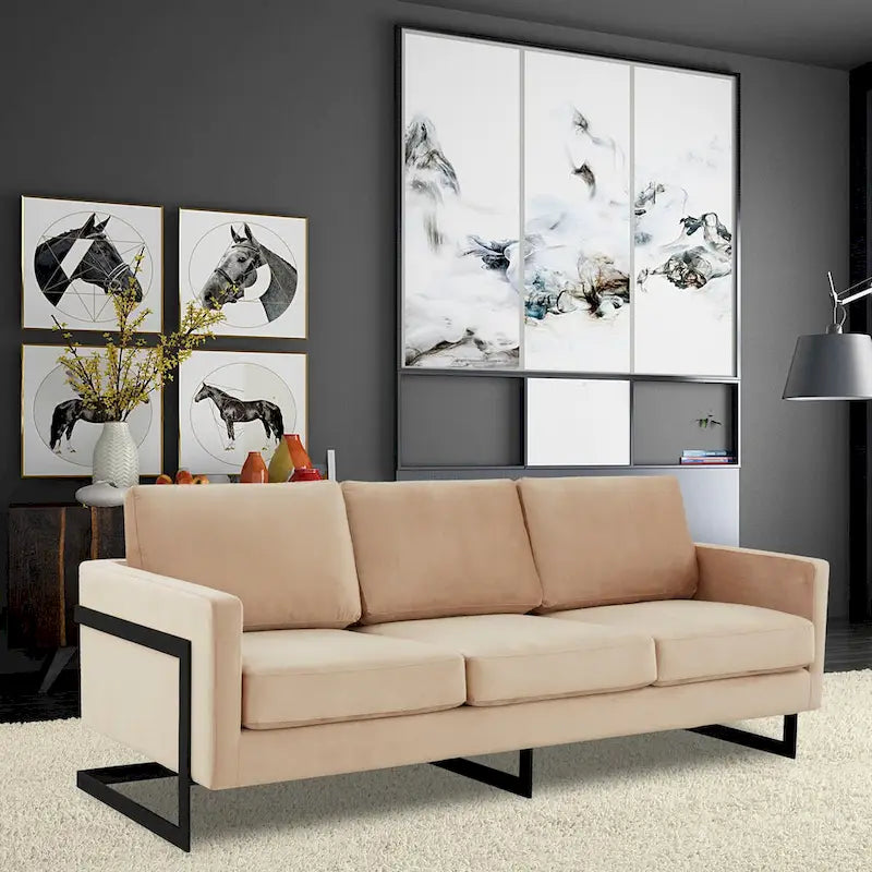 3-Seater Upholstered Velvet Sofa with Black Stainless Steel Base