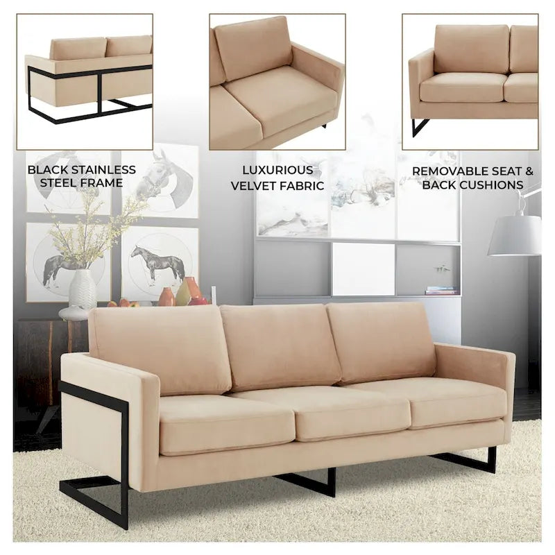 3-Seater Upholstered Velvet Sofa with Black Stainless Steel Base