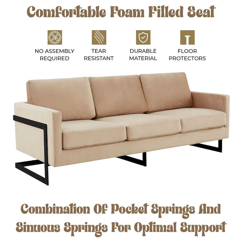 3-Seater Upholstered Velvet Sofa with Black Stainless Steel Base