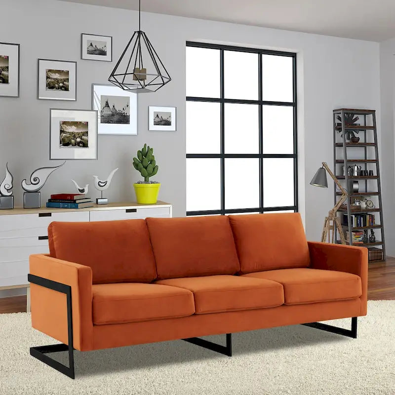 3-Seater Upholstered Velvet Sofa with Black Stainless Steel Base