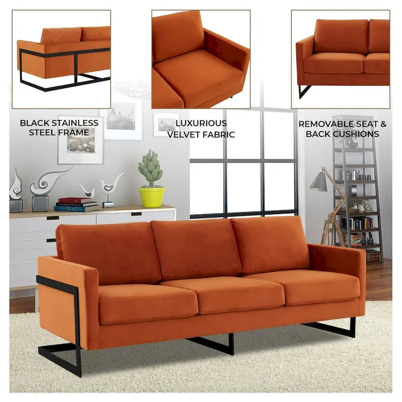 3-Seater Upholstered Velvet Sofa with Black Stainless Steel Base