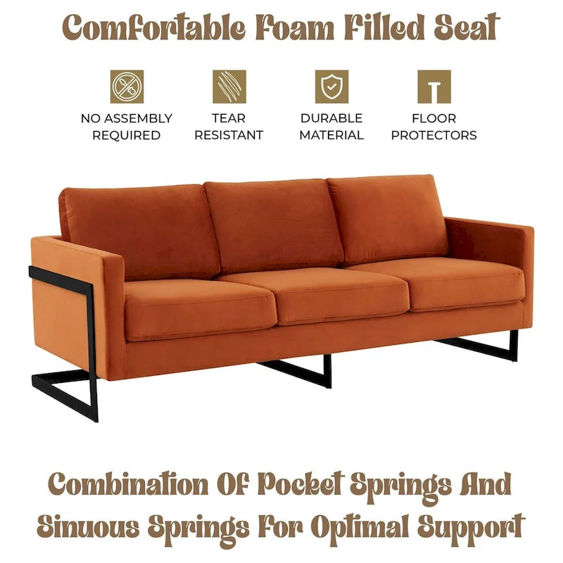 3-Seater Upholstered Velvet Sofa with Black Stainless Steel Base