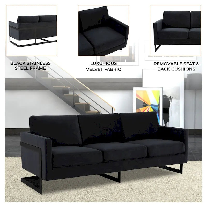3-Seater Upholstered Velvet Sofa with Black Stainless Steel Base