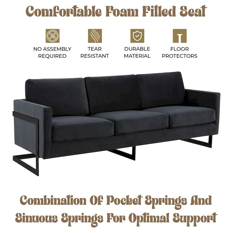 3-Seater Upholstered Velvet Sofa with Black Stainless Steel Base