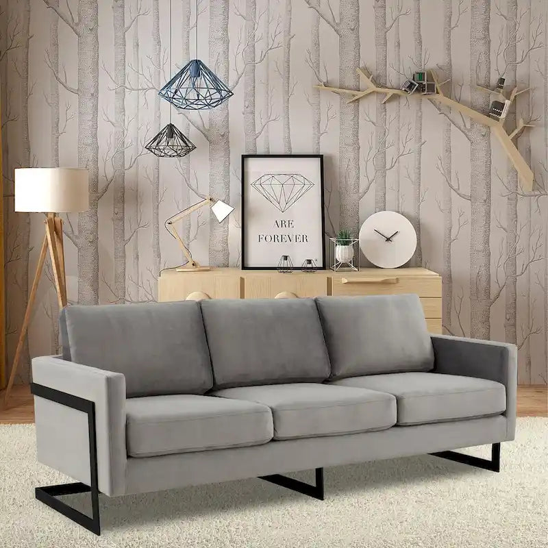 3-Seater Upholstered Velvet Sofa with Black Stainless Steel Base