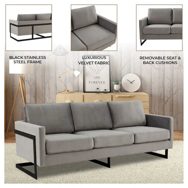 3-Seater Upholstered Velvet Sofa with Black Stainless Steel Base