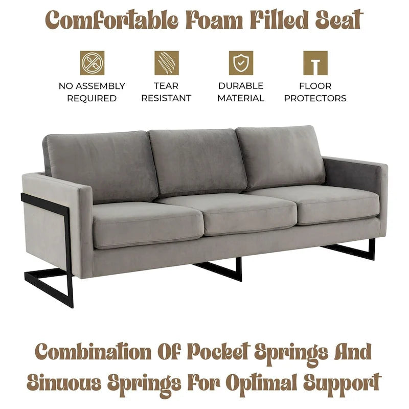 3-Seater Upholstered Velvet Sofa with Black Stainless Steel Base