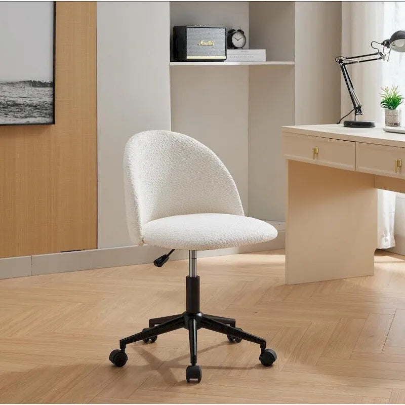 Mid-Back Boucle Upholstered Swivel Office Chair with Wheels and Black Legs