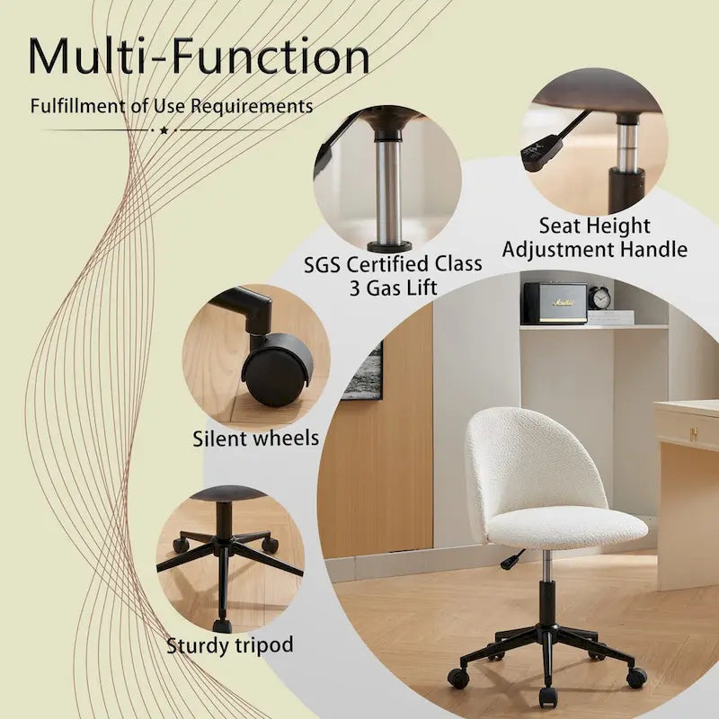 Mid-Back Boucle Upholstered Swivel Office Chair with Wheels and Black Legs