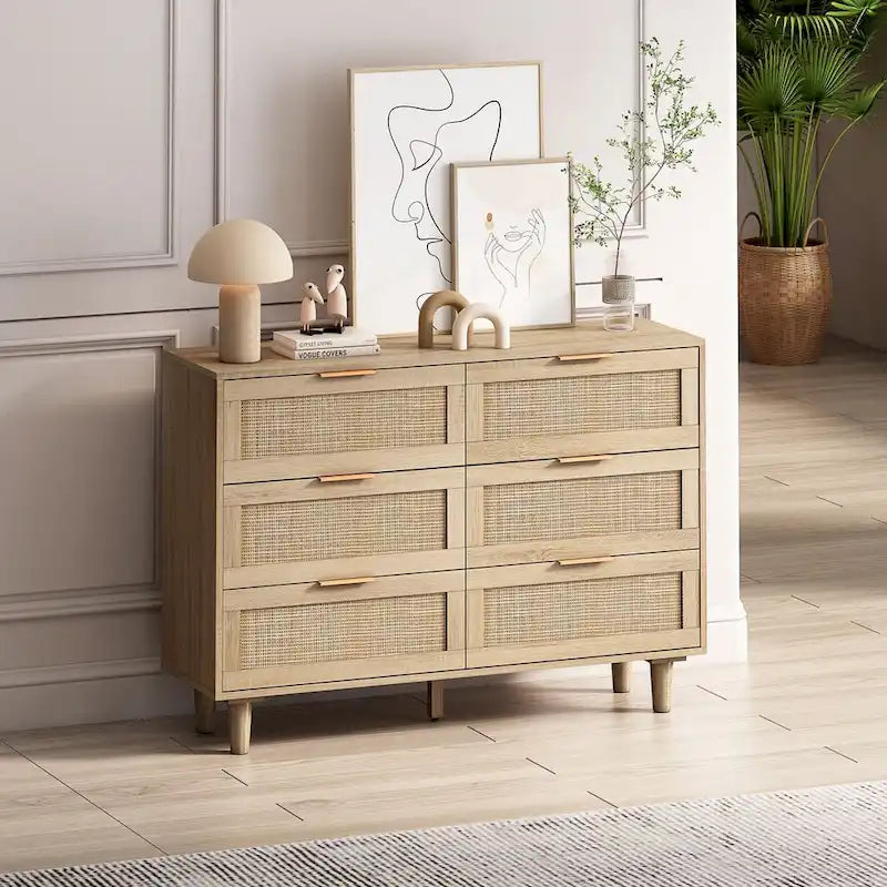 43.31-Inch 6-Drawer Rattan Storage Cabinet in Natural