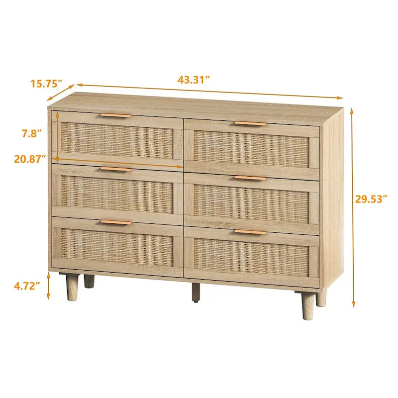 43.31-Inch 6-Drawer Rattan Storage Cabinet in Natural